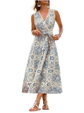 CUPSHE Paisley Cream and Blue Floral Tile Print Wrap Maxi Dress XL